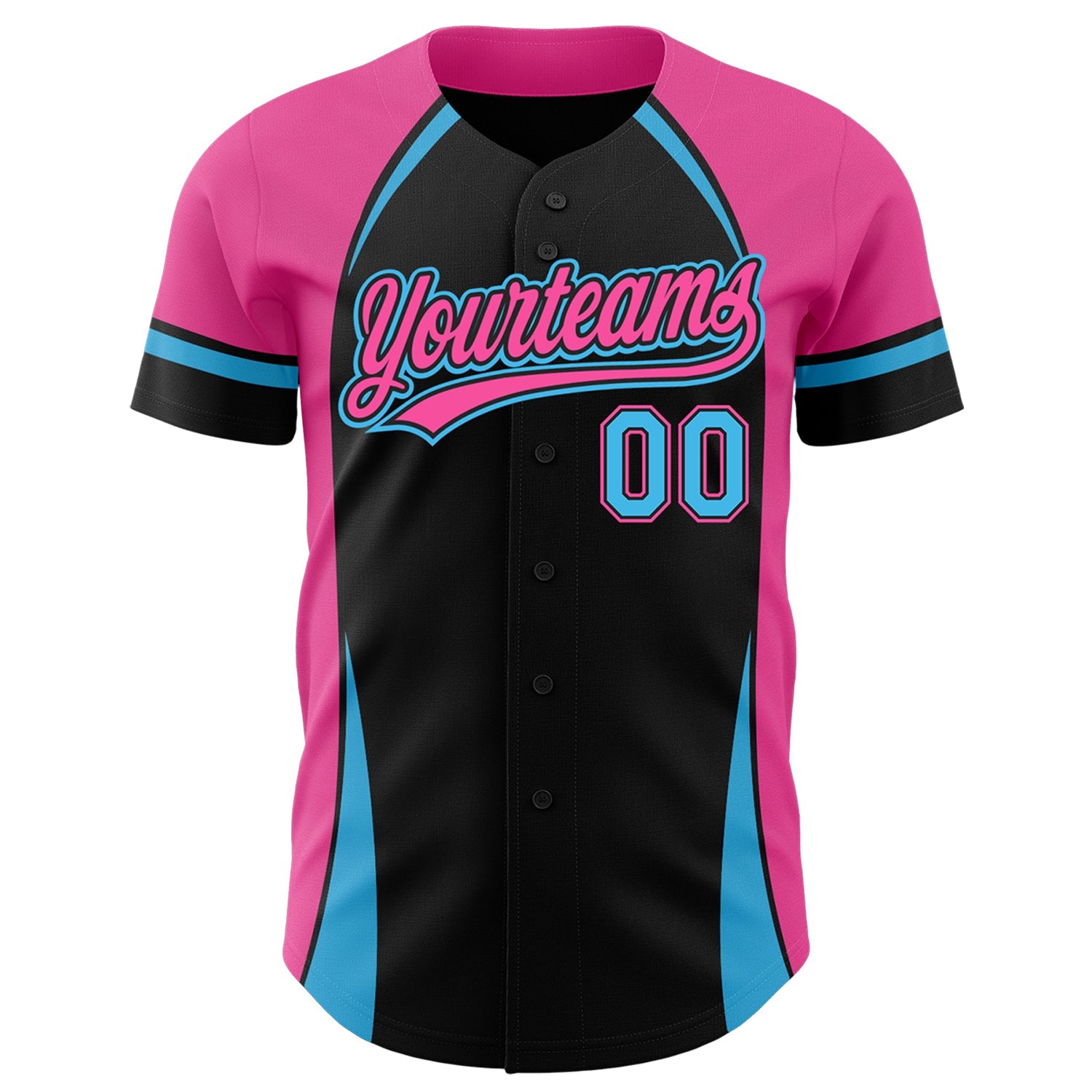 Custom Black Sky Blue-Pink 3D Pattern Design Curve Solid Authentic Baseball Jersey view 2