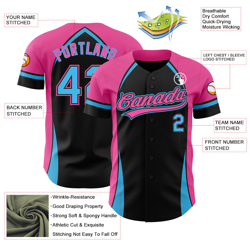 Custom Black Sky Blue-Pink 3D Pattern Design Curve Solid Authentic Baseball Jersey view 3