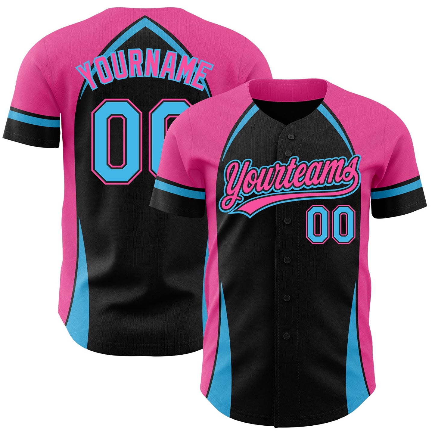 Custom Black Sky Blue-Pink 3D Pattern Design Curve Solid Authentic Baseball Jersey - Main View