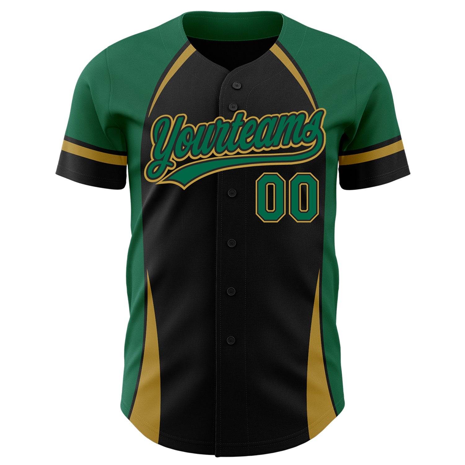 Custom Black Kelly Green-Old Gold 3D Pattern Design Curve Solid Authentic Baseball Jersey view 2