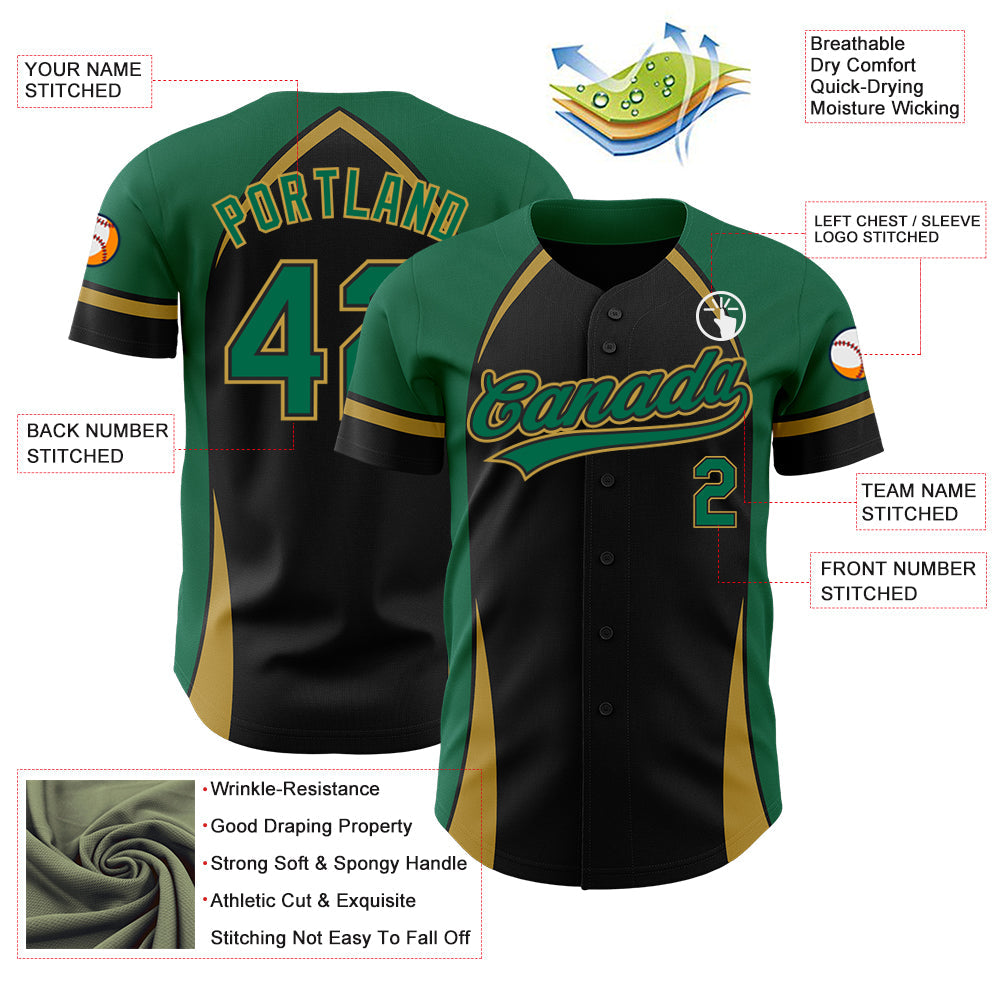 Custom Black Kelly Green-Old Gold 3D Pattern Design Curve Solid Authentic Baseball Jersey view 3