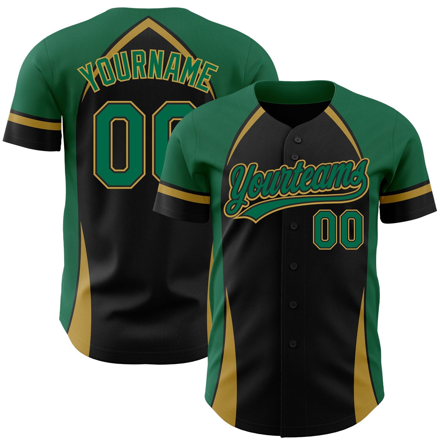 Custom Black Kelly Green-Old Gold 3D Pattern Design Curve Solid Authentic Baseball Jersey - Main View