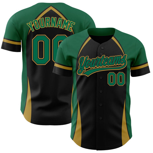 Custom Black Kelly Green-Old Gold 3D Pattern Design Curve Solid Authentic Baseball Jersey - Main View