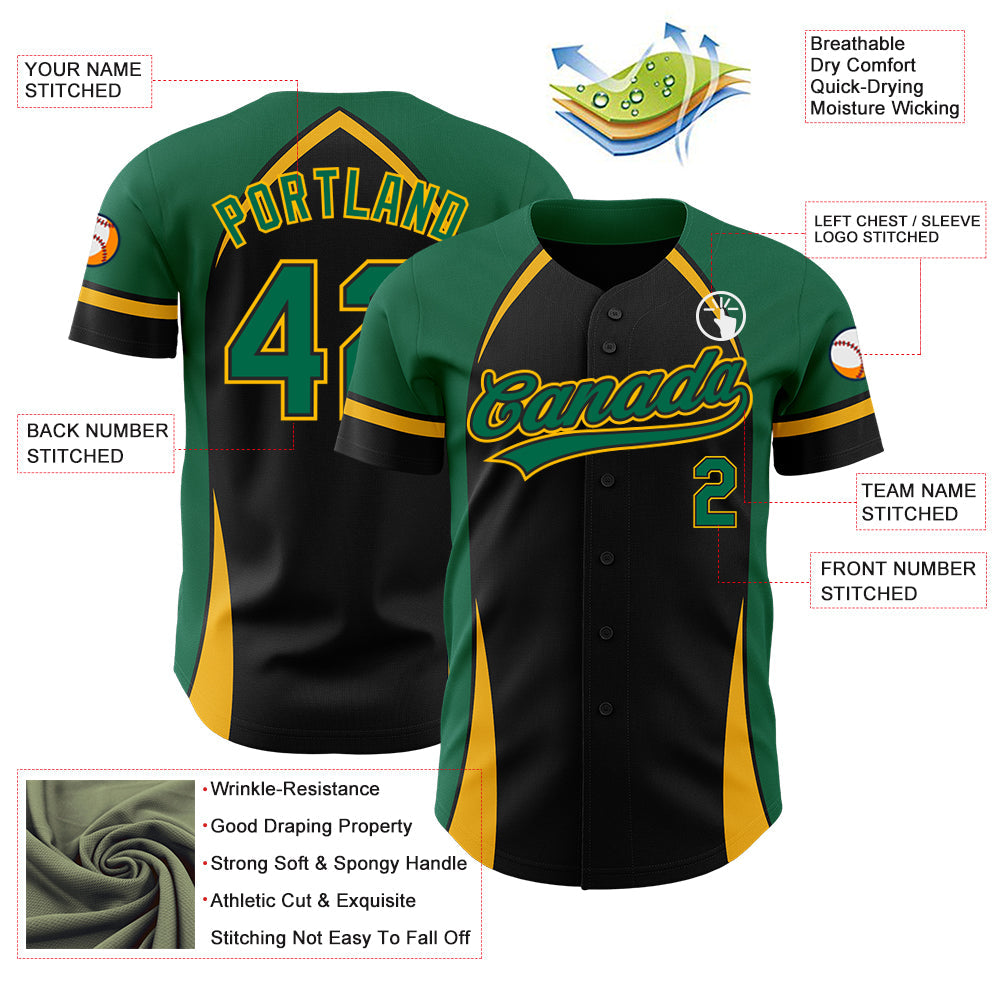 Custom Black Kelly Green-Gold 3D Pattern Design Curve Solid Authentic Baseball Jersey view 3