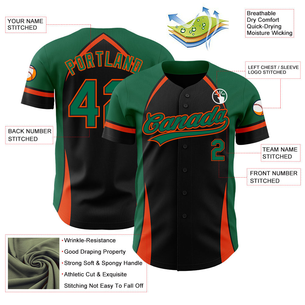 Custom Black Kelly Green-Orange 3D Pattern Design Curve Solid Authentic Baseball Jersey view 3