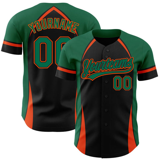 Custom Black Kelly Green-Orange 3D Pattern Design Curve Solid Authentic Baseball Jersey - Main View