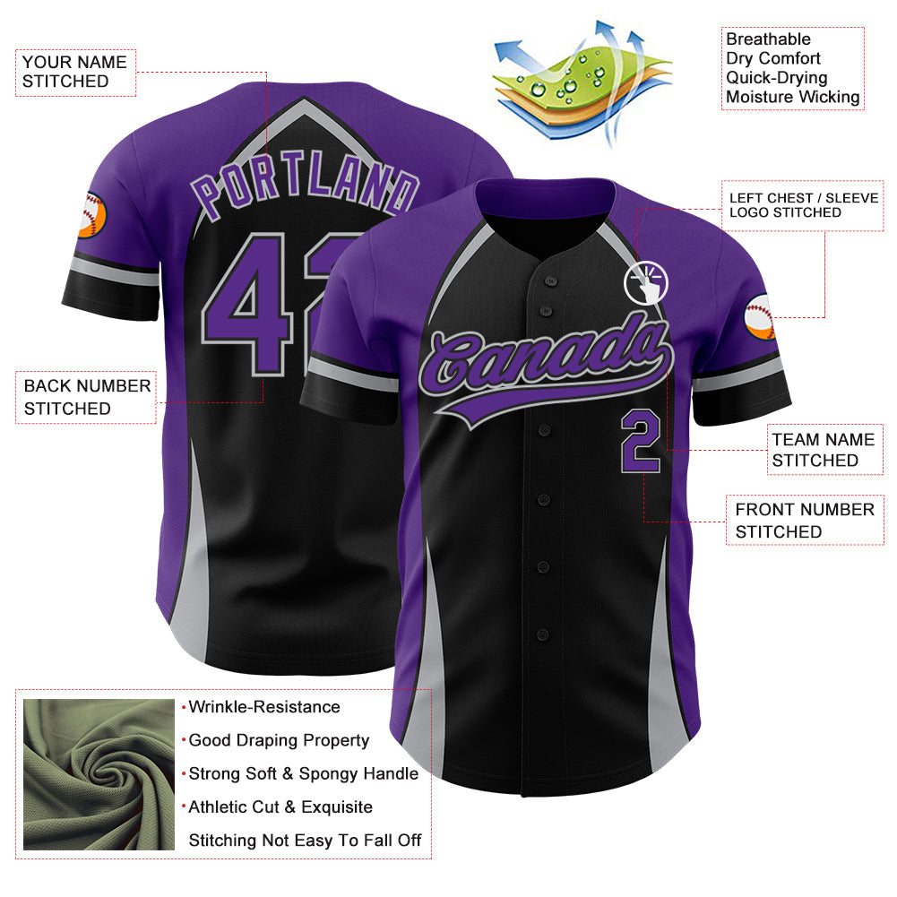 Custom Black Purple-Gray 3D Pattern Design Curve Solid Authentic Baseball Jersey view 3