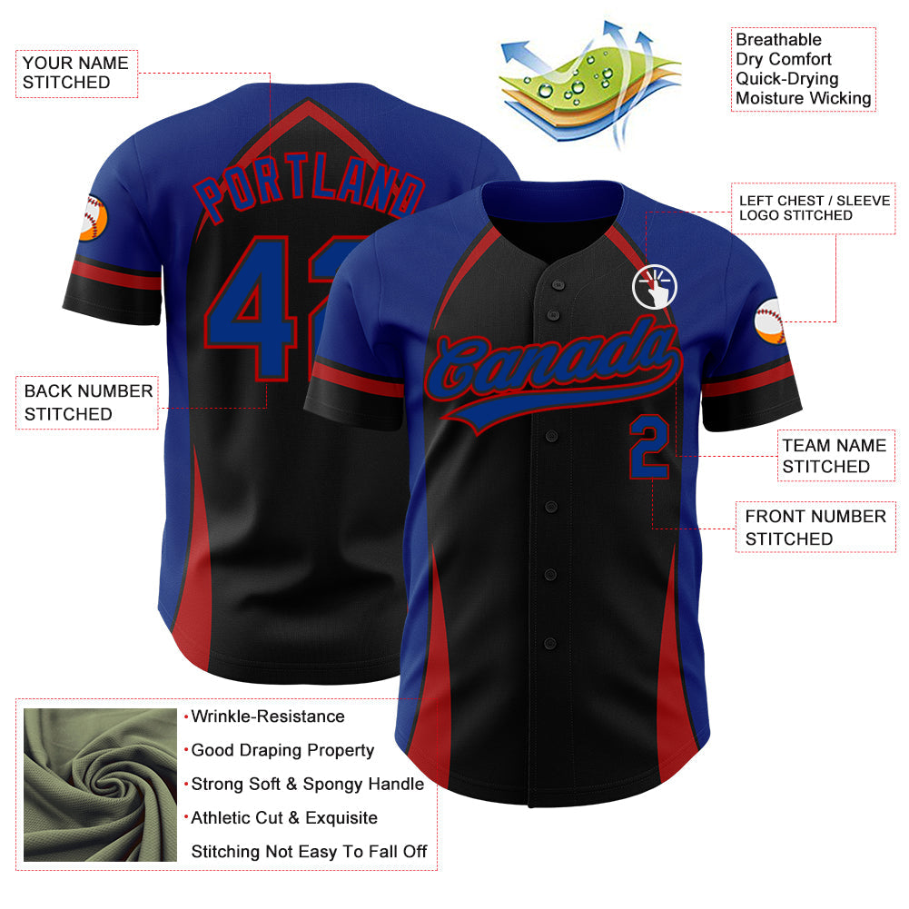 Custom Black Royal-Red 3D Pattern Design Curve Solid Authentic Baseball Jersey view 3