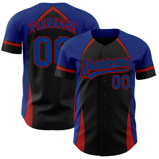 Custom Black Royal-Red 3D Pattern Design Curve Solid Authentic Baseball Jersey - Main View