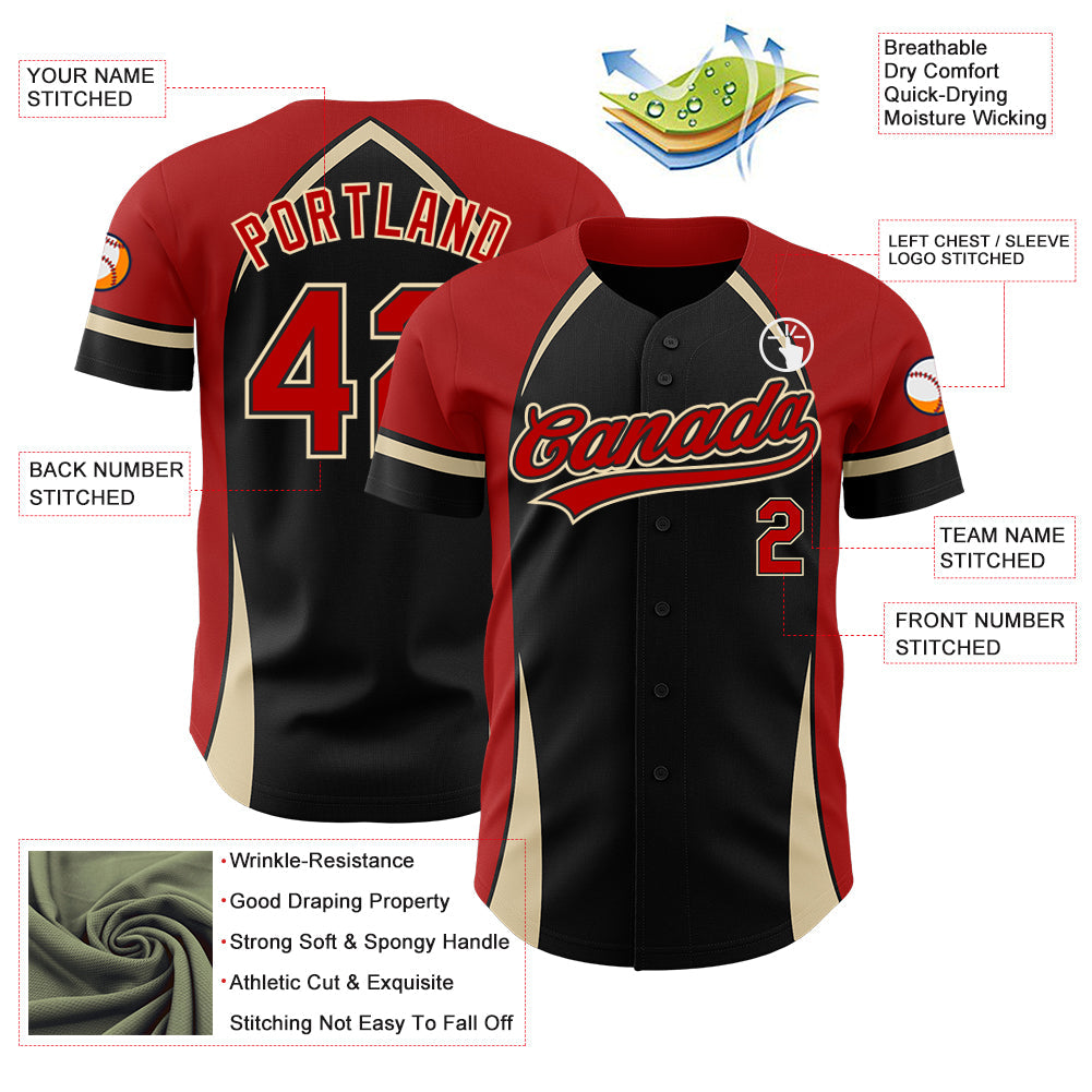 Custom Black Red-Cream 3D Pattern Design Curve Solid Authentic Baseball Jersey view 3