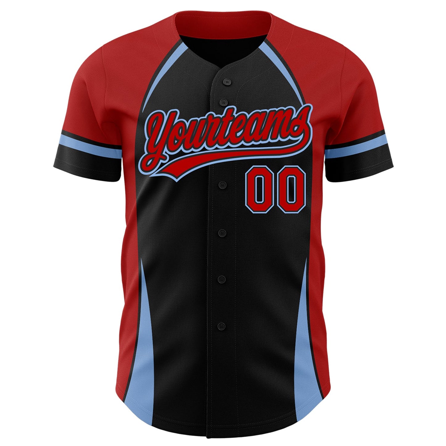 Custom Black Red-Light Blue 3D Pattern Design Curve Solid Authentic Baseball Jersey view 2