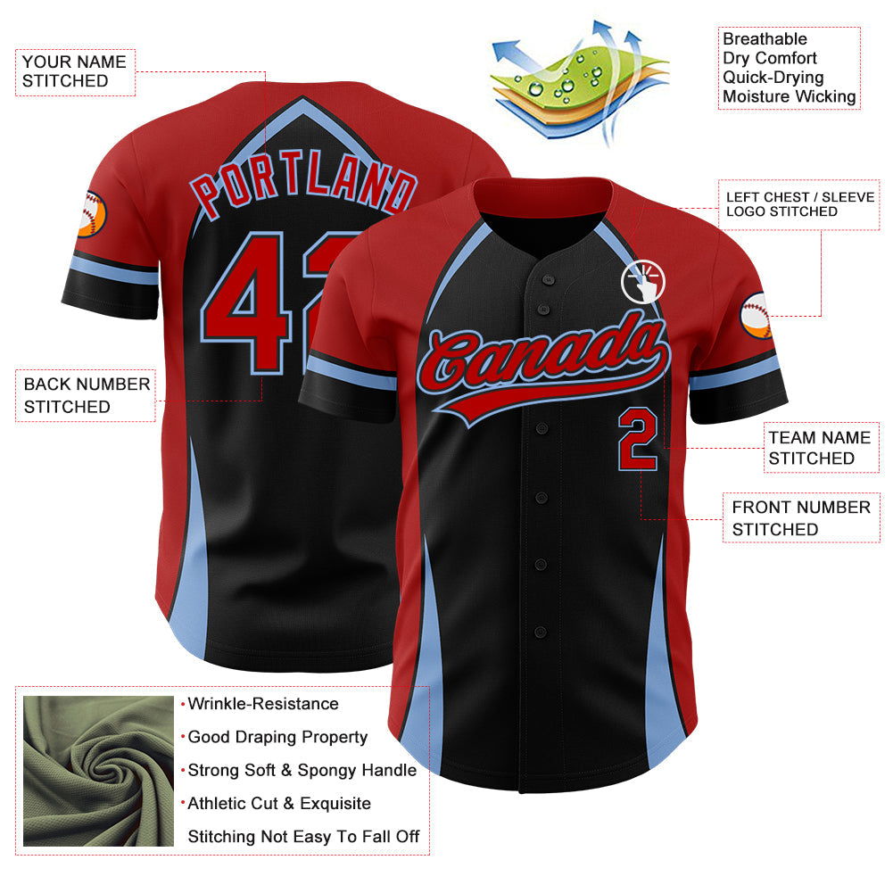 Custom Black Red-Light Blue 3D Pattern Design Curve Solid Authentic Baseball Jersey view 3