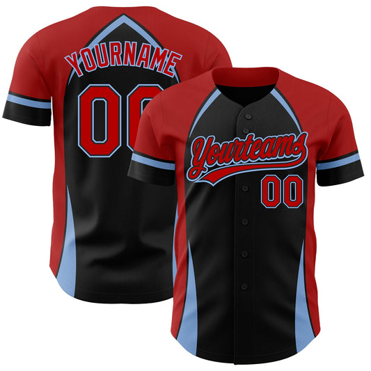 Custom Black Red-Light Blue 3D Pattern Design Curve Solid Authentic Baseball Jersey - Main View