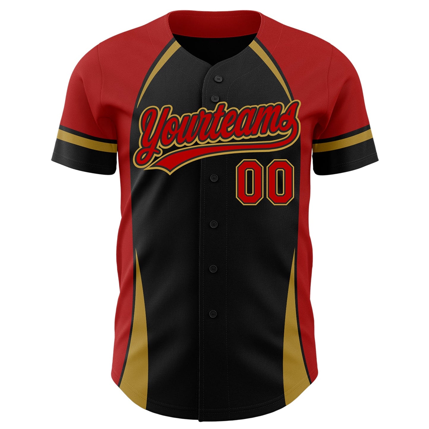Custom Black Red-Old Gold 3D Pattern Design Curve Solid Authentic Baseball Jersey view 2