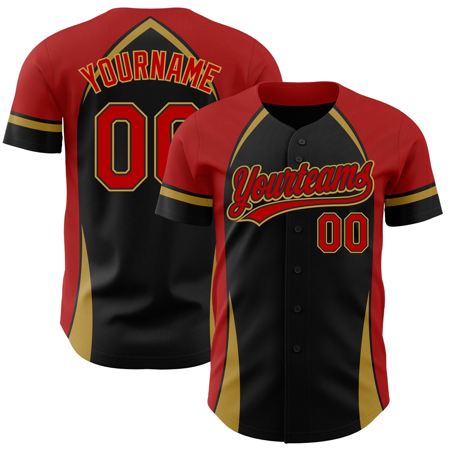 Custom Black Red-Old Gold 3D Pattern Design Curve Solid Authentic Baseball Jersey - Main View