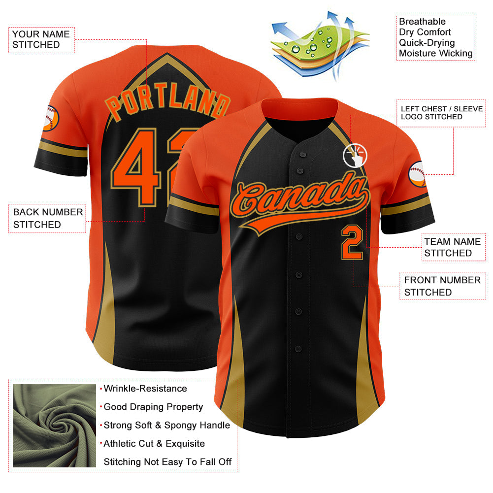 Custom Black Orange-Old Gold 3D Pattern Design Curve Solid Authentic Baseball Jersey view 3