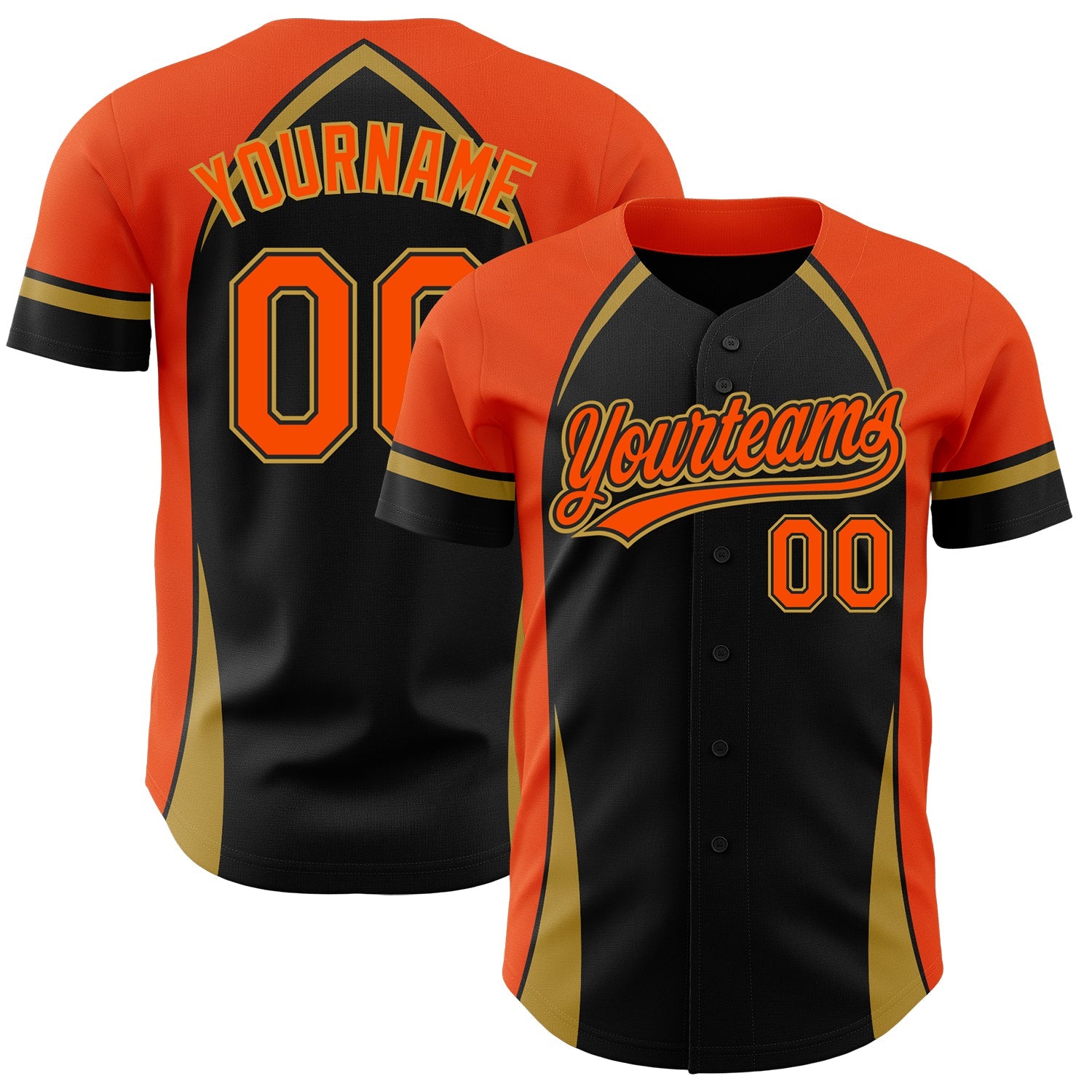 Custom Black Orange-Old Gold 3D Pattern Design Curve Solid Authentic Baseball Jersey - Main View