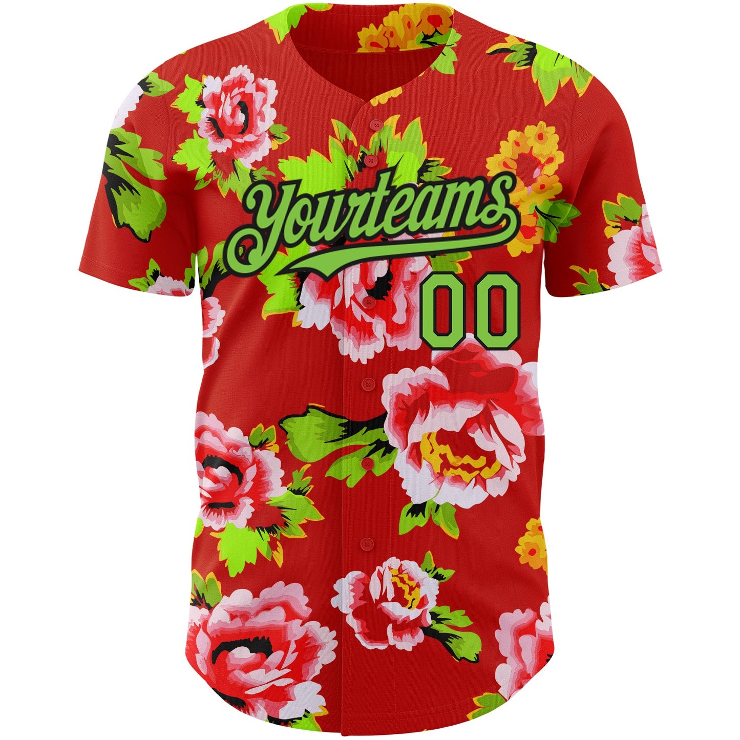Custom Red Neon Green-Black 3D Pattern Design Northeast China Big Flower Authentic Baseball Jersey view 2