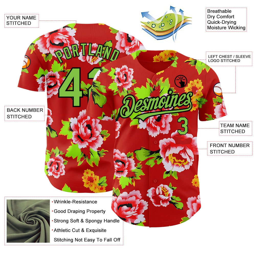 Custom Red Neon Green-Black 3D Pattern Design Northeast China Big Flower Authentic Baseball Jersey view 3