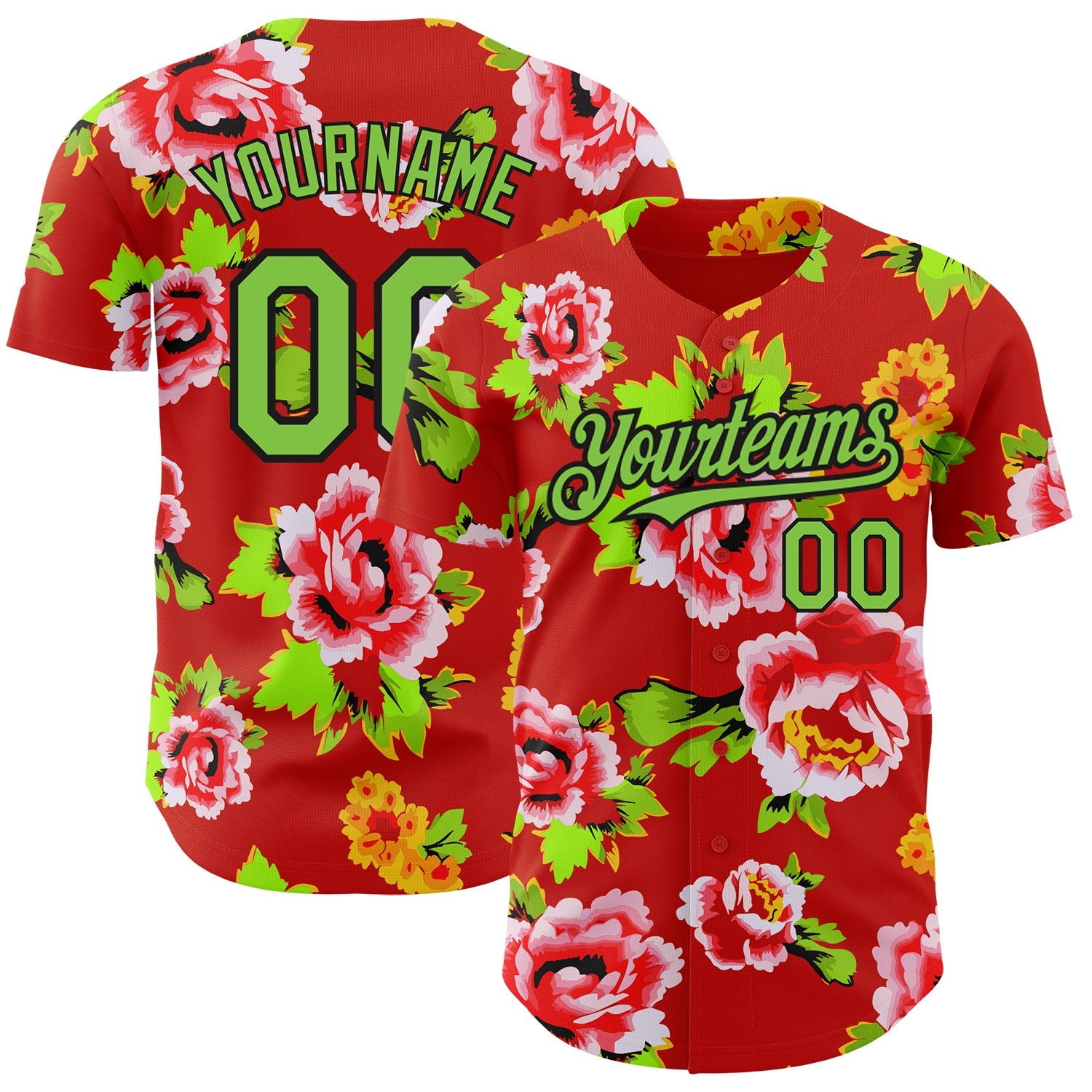 Custom Red Neon Green-Black 3D Pattern Design Northeast China Big Flower Authentic Baseball Jersey - Main View