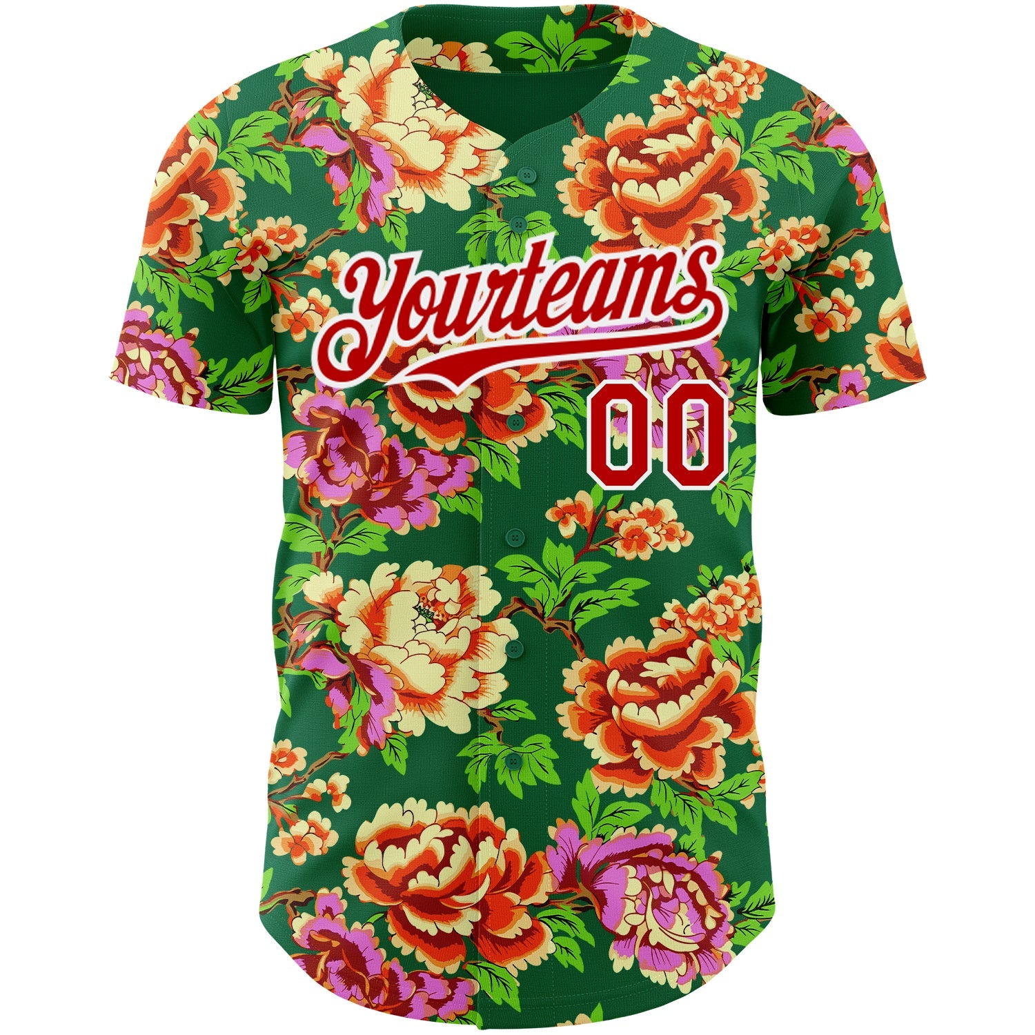 Custom Kelly Green Red-White 3D Pattern Design Northeast China Big Flower Authentic Baseball Jersey view 2