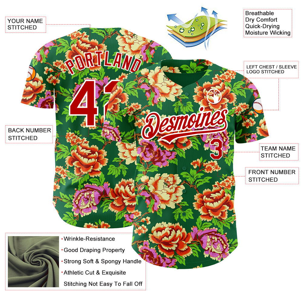 Custom Kelly Green Red-White 3D Pattern Design Northeast China Big Flower Authentic Baseball Jersey view 3