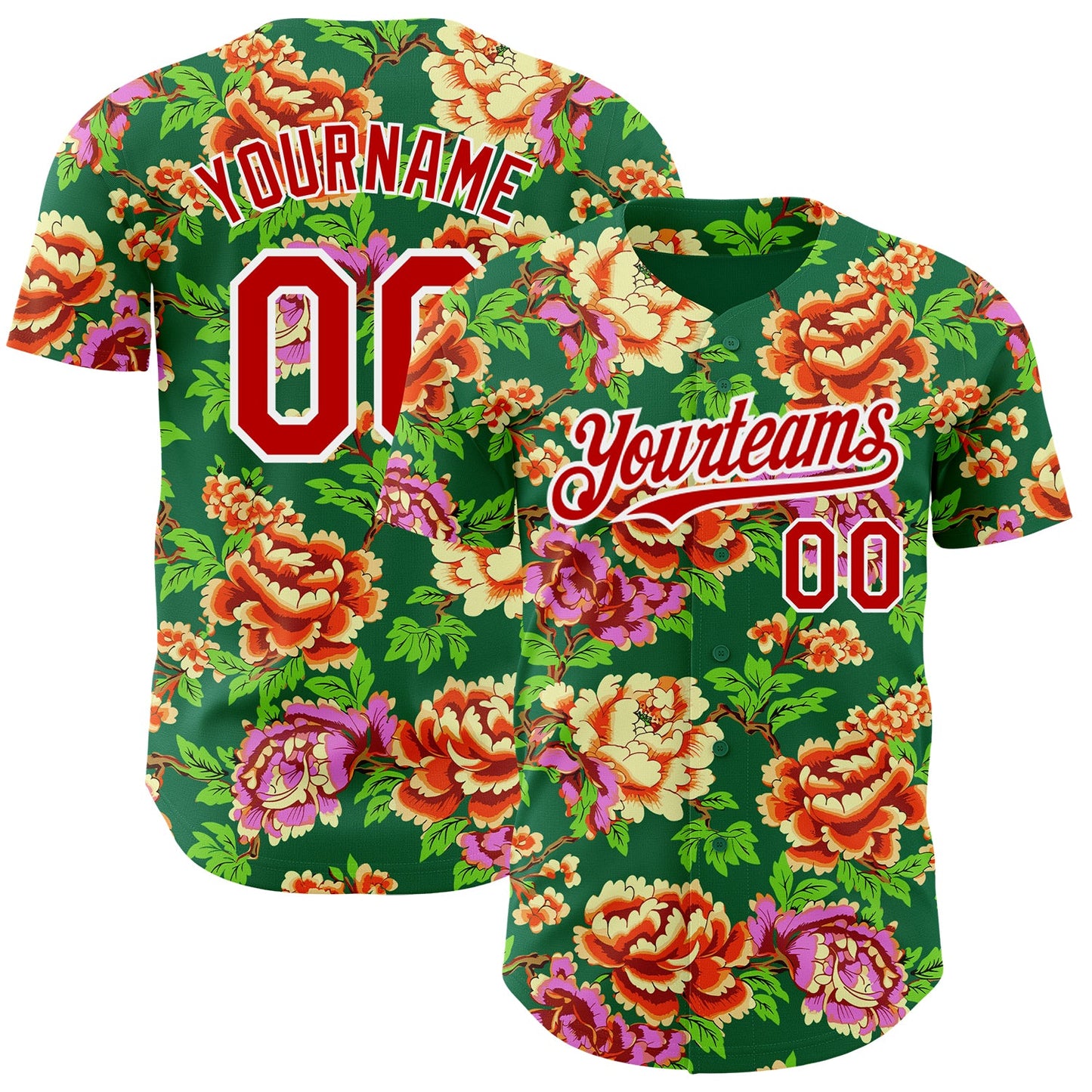 Custom Kelly Green Red-White 3D Pattern Design Northeast China Big Flower Authentic Baseball Jersey - Main View