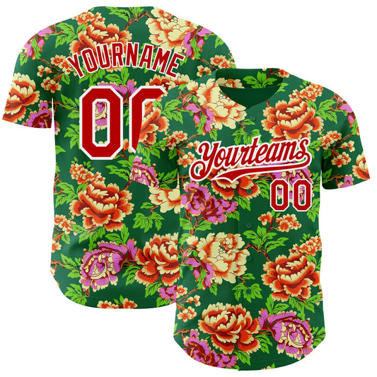 Custom Kelly Green Red-White 3D Pattern Design Northeast China Big Flower Authentic Baseball Jersey - Main View