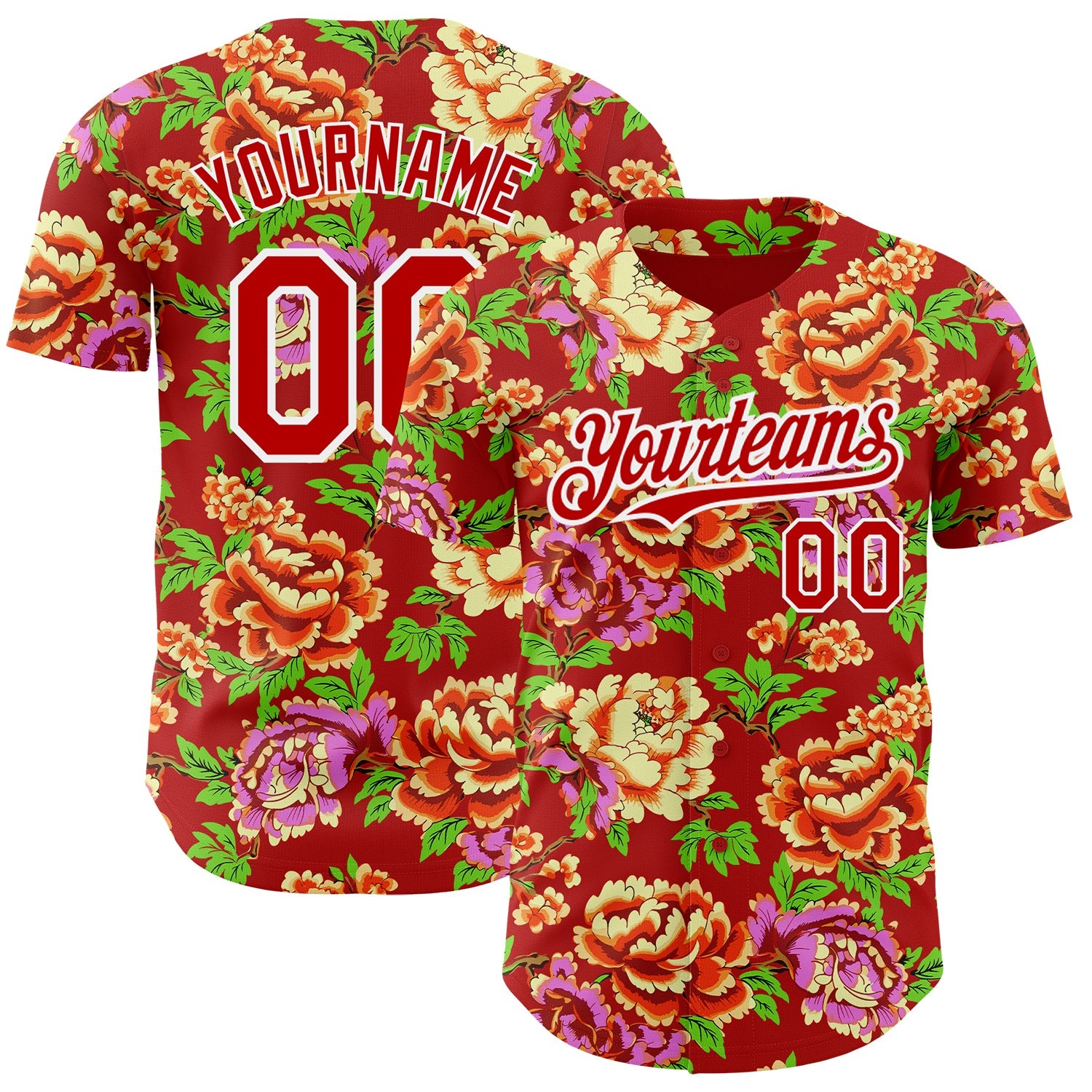 Custom Red White 3D Pattern Design Northeast China Big Flower Authentic Baseball Jersey - Main View