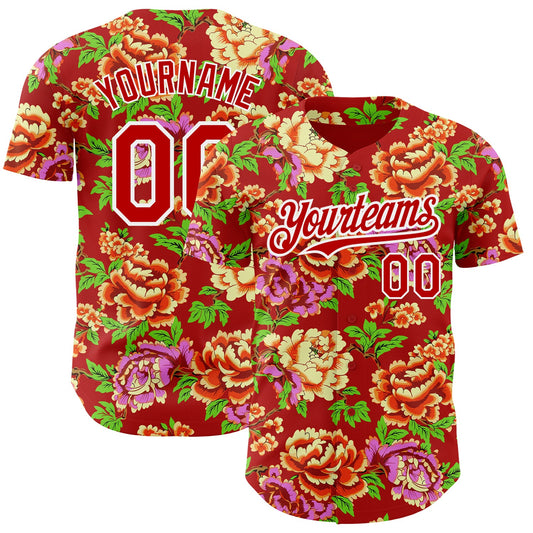 Custom Red White 3D Pattern Design Northeast China Big Flower Authentic Baseball Jersey - Main View