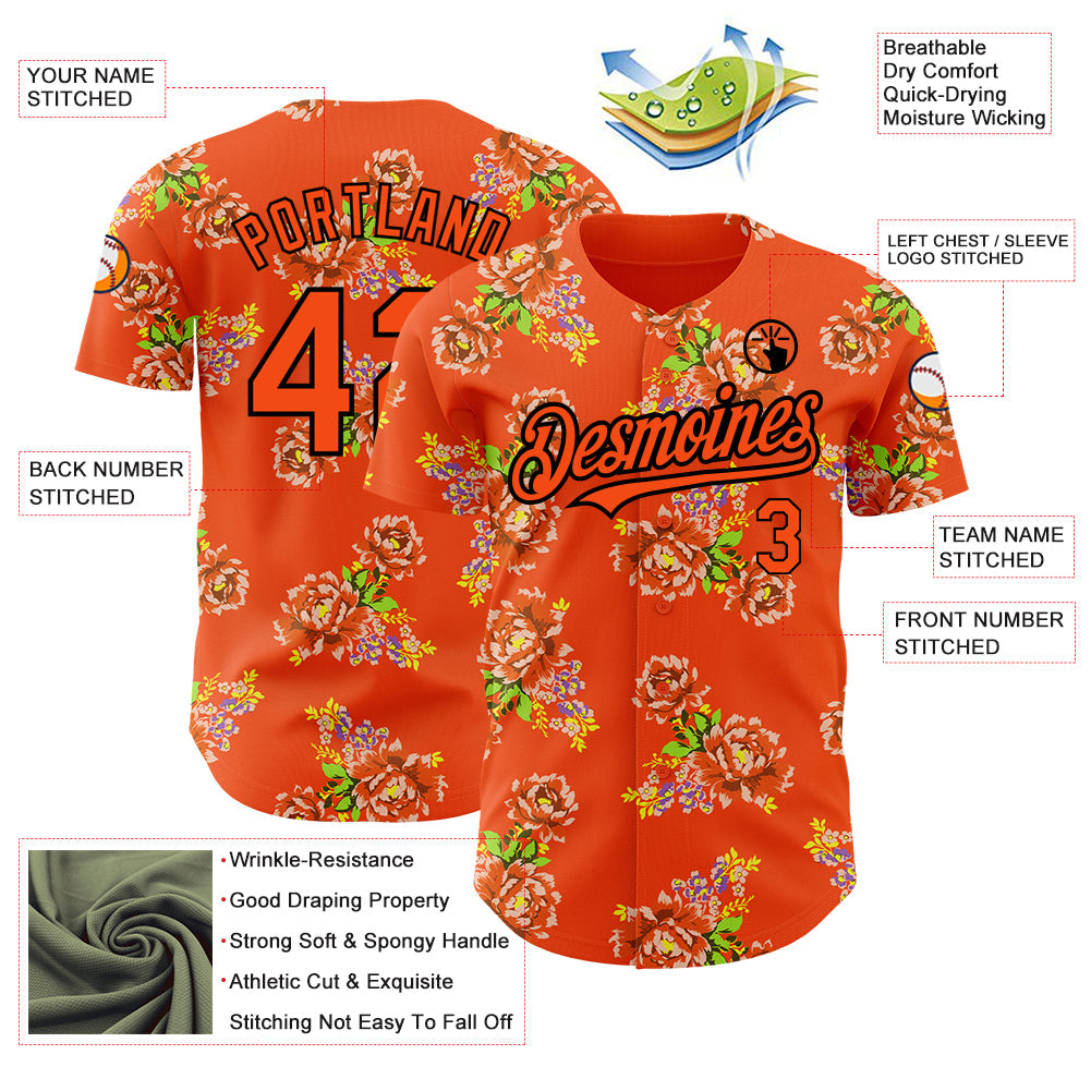 Custom Orange Black 3D Pattern Design Northeast China Big Flower Authentic Baseball Jersey view 3