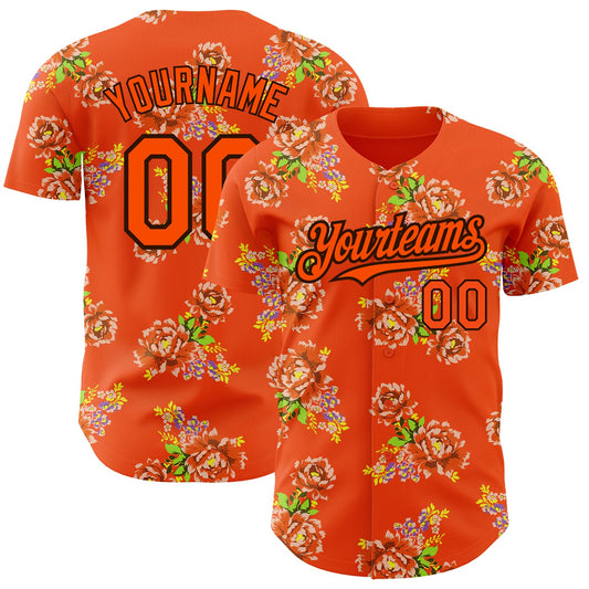 Custom Orange Black 3D Pattern Design Northeast China Big Flower Authentic Baseball Jersey - Main View