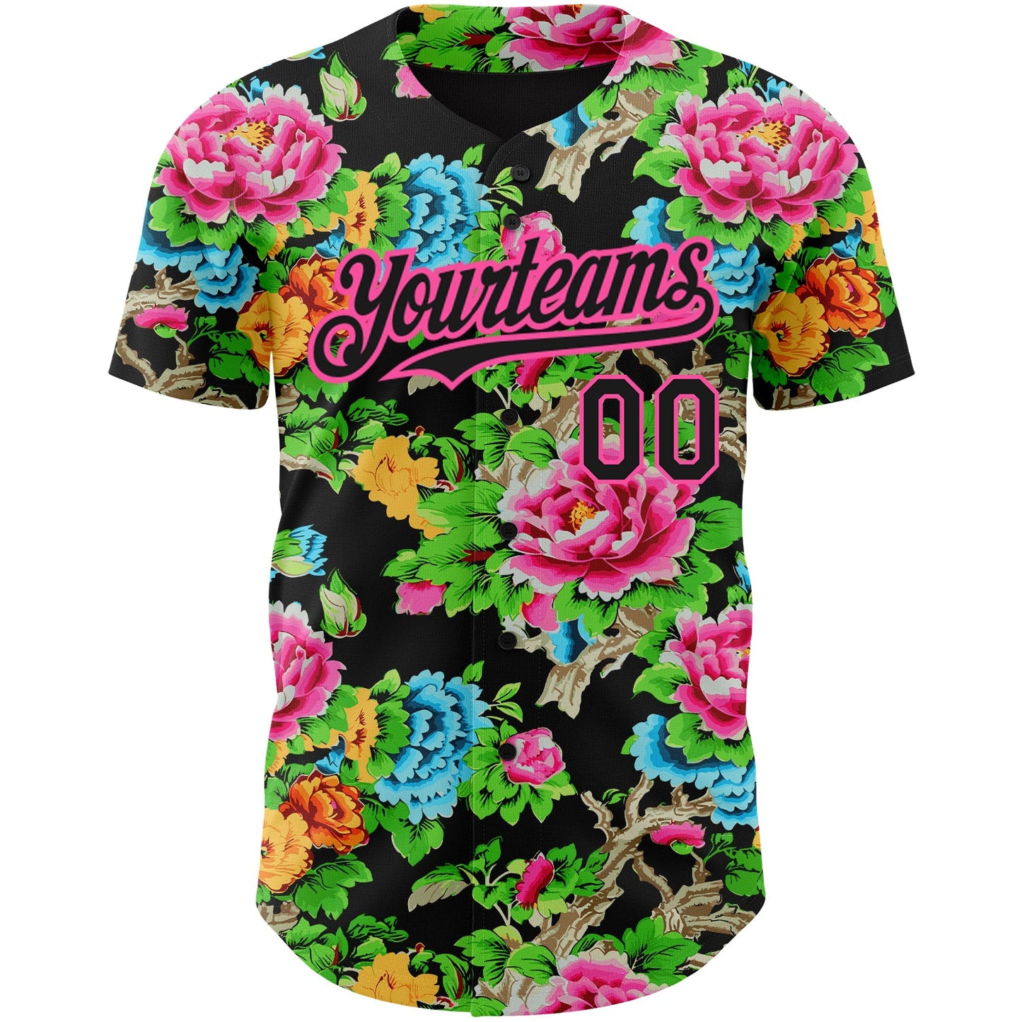 Custom Black Pink 3D Pattern Design Northeast China Big Flower Authentic Baseball Jersey view 2