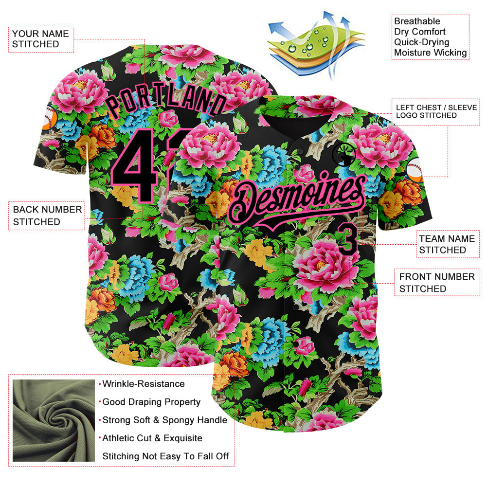 Custom Black Pink 3D Pattern Design Northeast China Big Flower Authentic Baseball Jersey view 3
