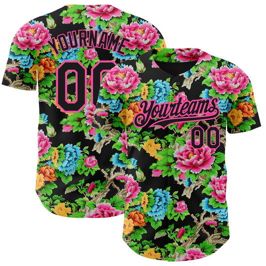 Custom Black Pink 3D Pattern Design Northeast China Big Flower Authentic Baseball Jersey - Main View