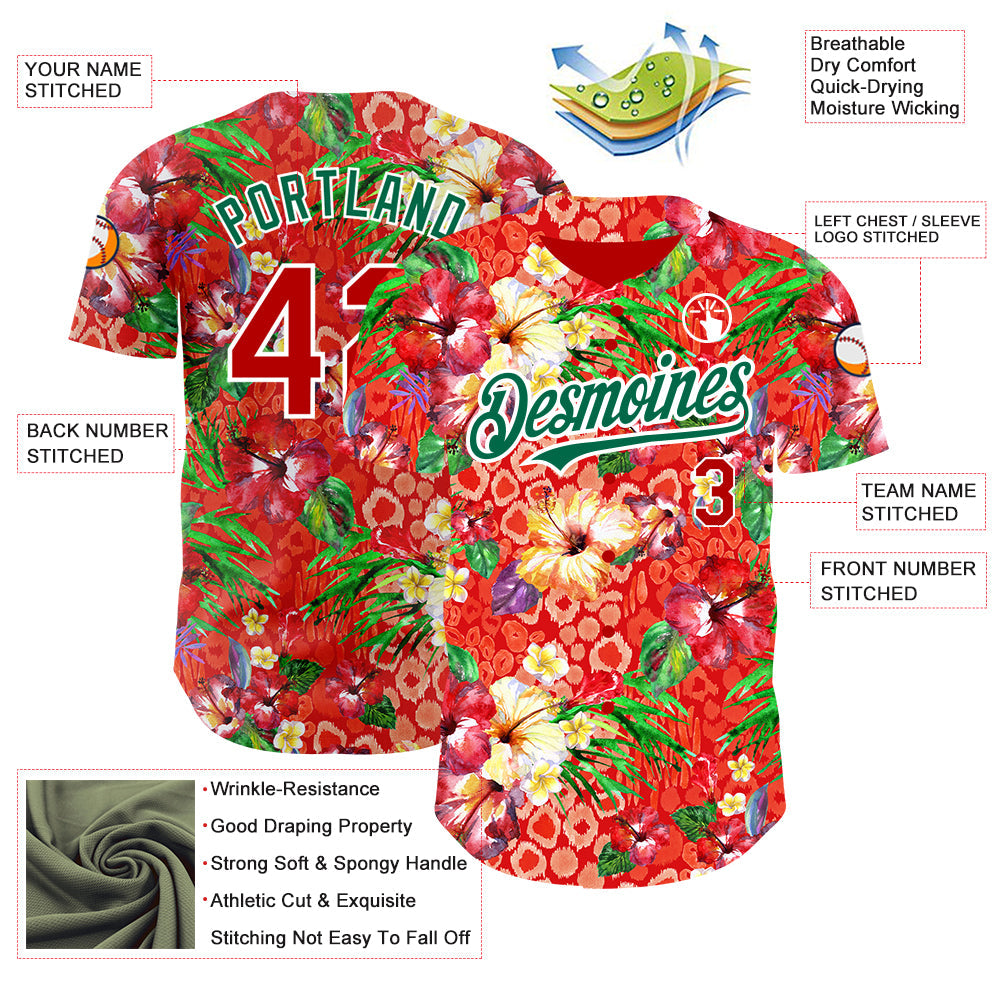 Custom Red Kelly Green-White 3D Pattern Design Northeast China Big Flower Authentic Baseball Jersey view 3