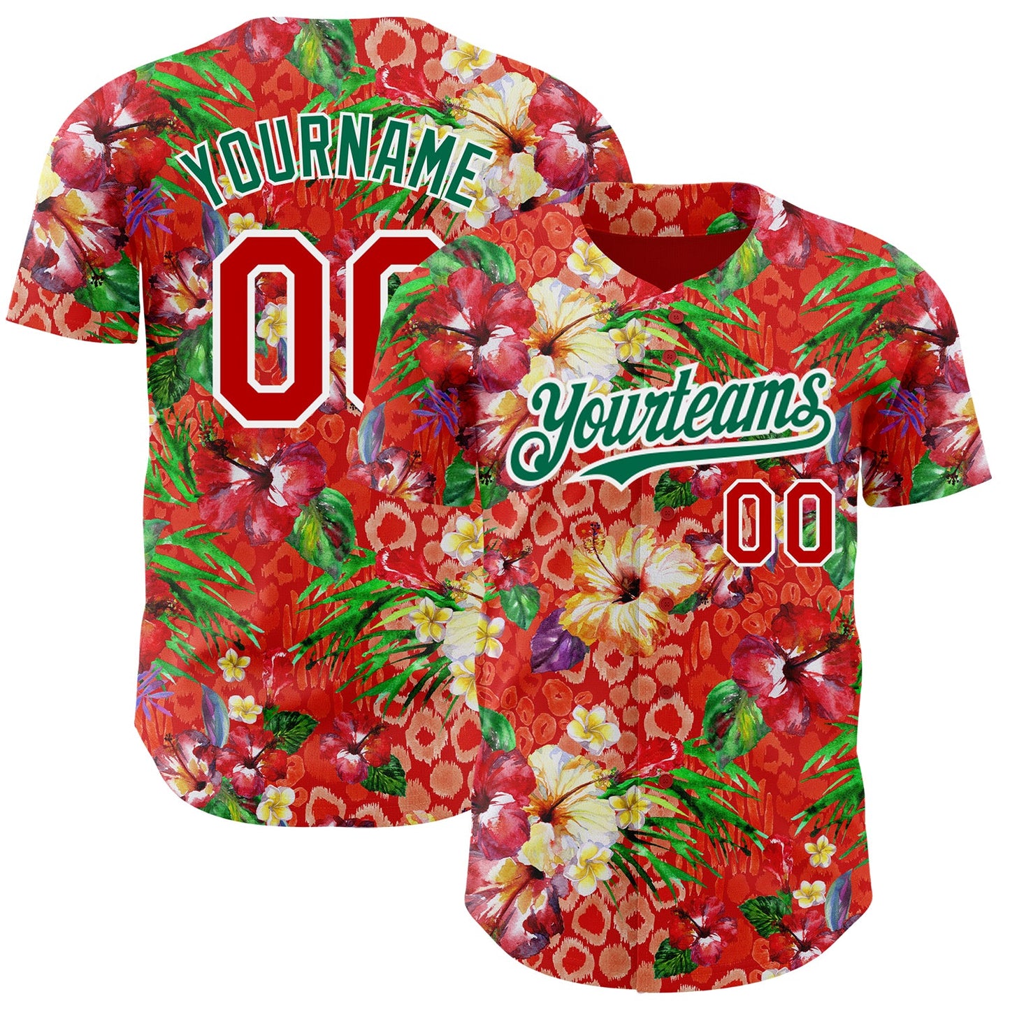 Custom Red Kelly Green-White 3D Pattern Design Northeast China Big Flower Authentic Baseball Jersey - Main View