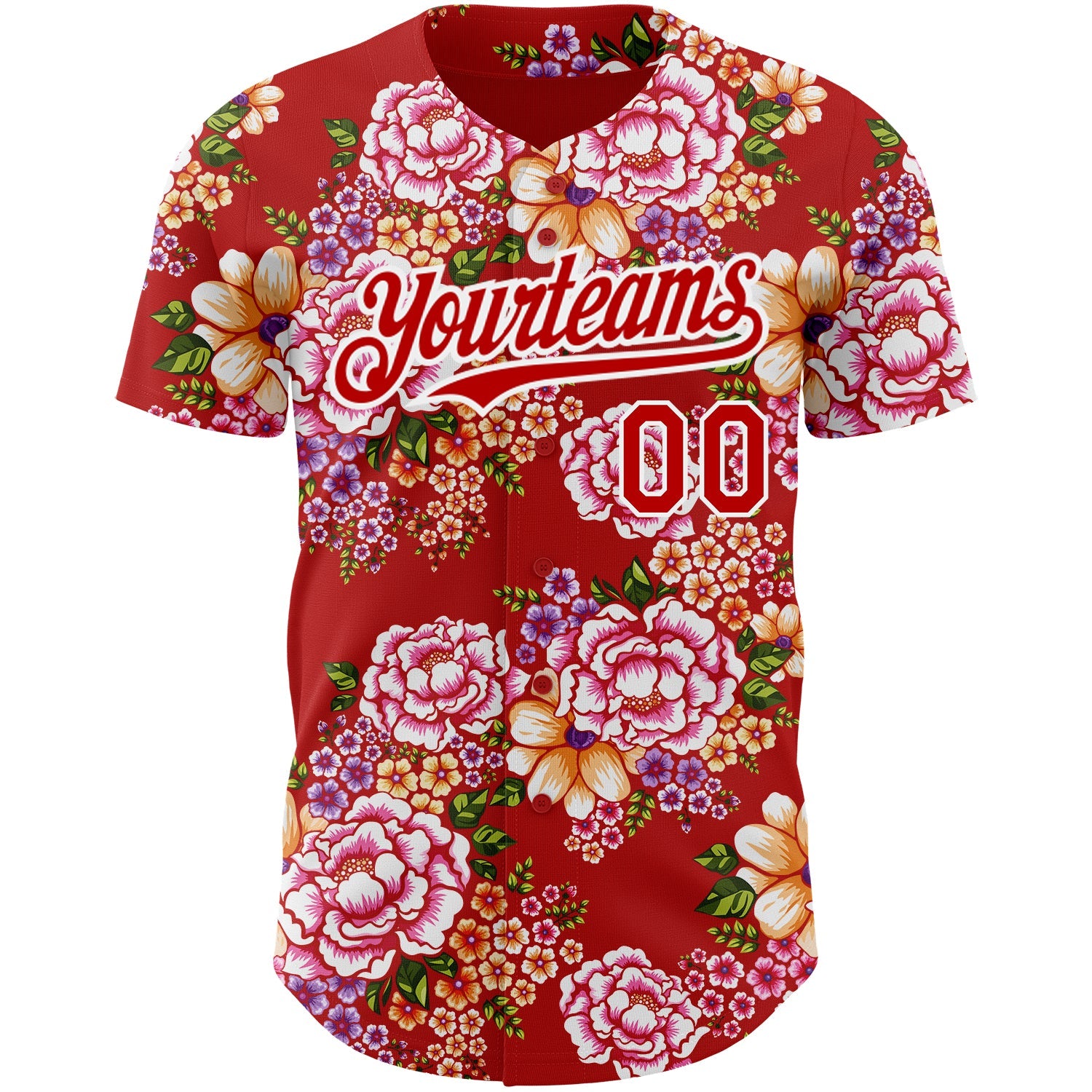 Custom Red White 3D Pattern Design Northeast China Big Flower Authentic Baseball Jersey view 2