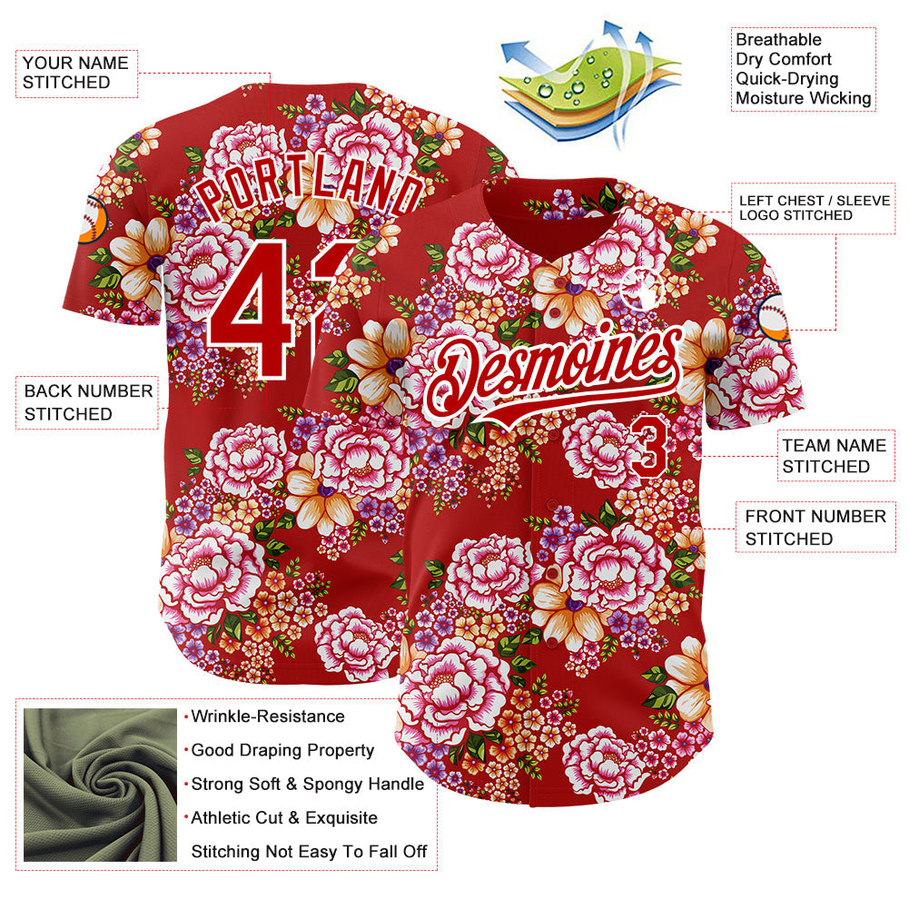 Custom Red White 3D Pattern Design Northeast China Big Flower Authentic Baseball Jersey view 3