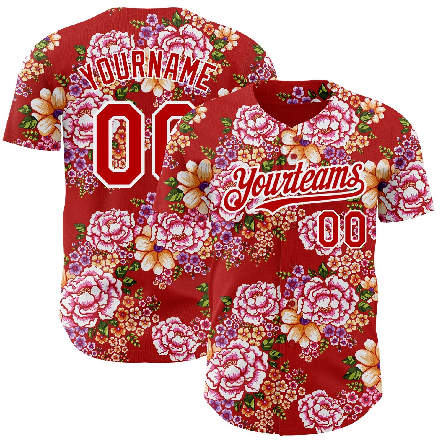 Custom Red White 3D Pattern Design Northeast China Big Flower Authentic Baseball Jersey - Main View