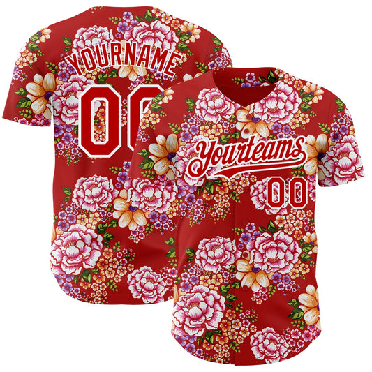 Custom Red White 3D Pattern Design Northeast China Big Flower Authentic Baseball Jersey - Main View