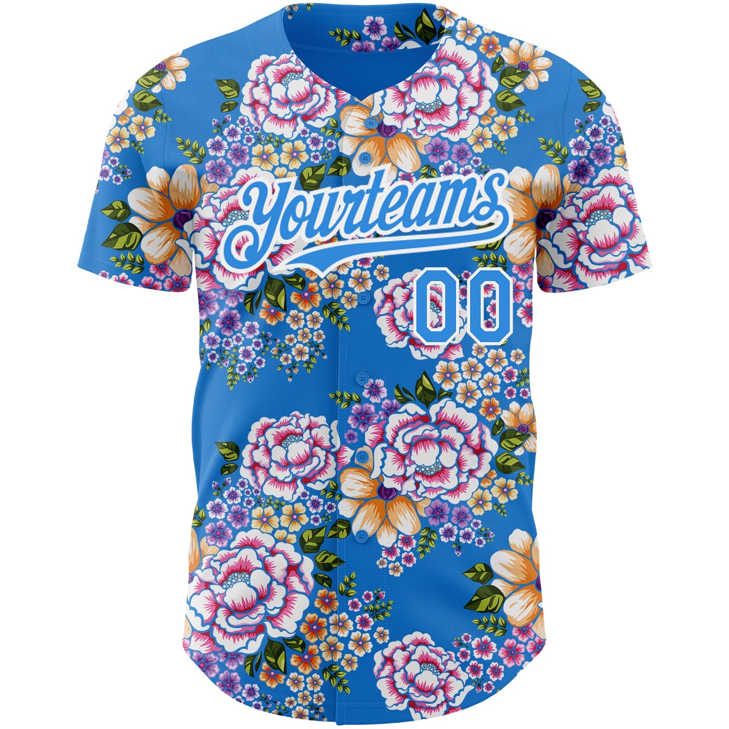 Custom Electric Blue White 3D Pattern Design Northeast China Big Flower Authentic Baseball Jersey view 2