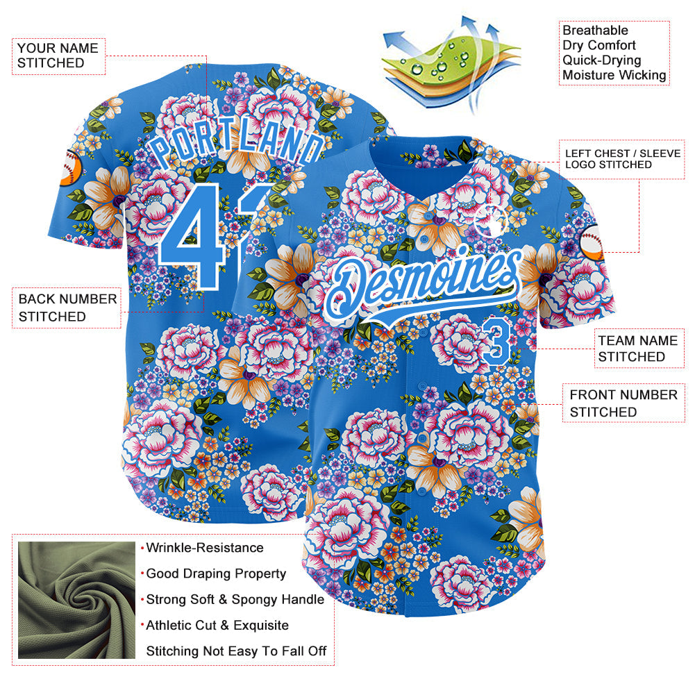 Custom Electric Blue White 3D Pattern Design Northeast China Big Flower Authentic Baseball Jersey view 3