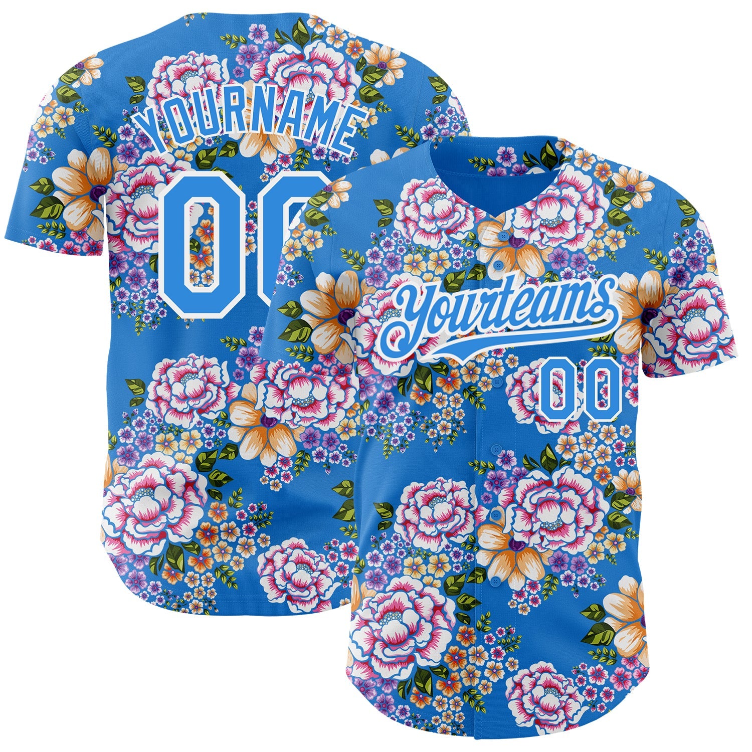 Custom Electric Blue White 3D Pattern Design Northeast China Big Flower Authentic Baseball Jersey - Main View