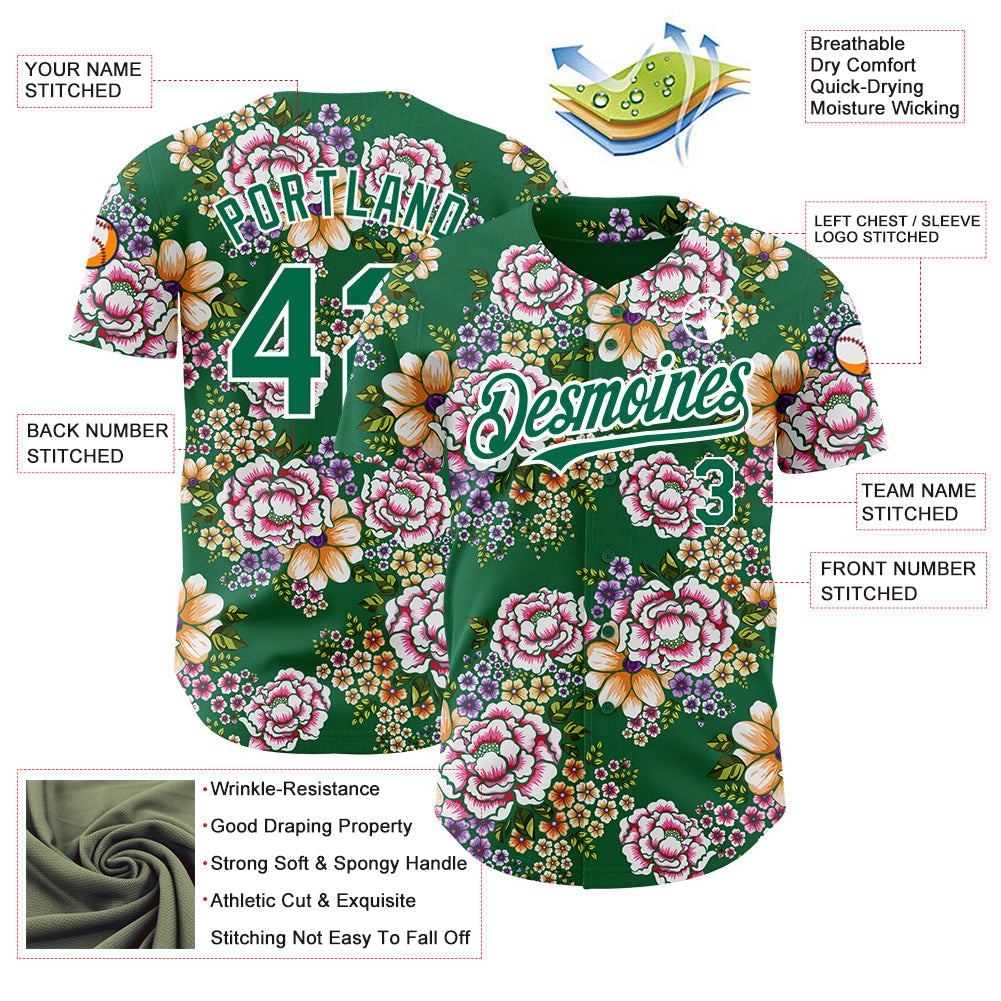 Custom Kelly Green White 3D Pattern Design Northeast China Big Flower Authentic Baseball Jersey view 3