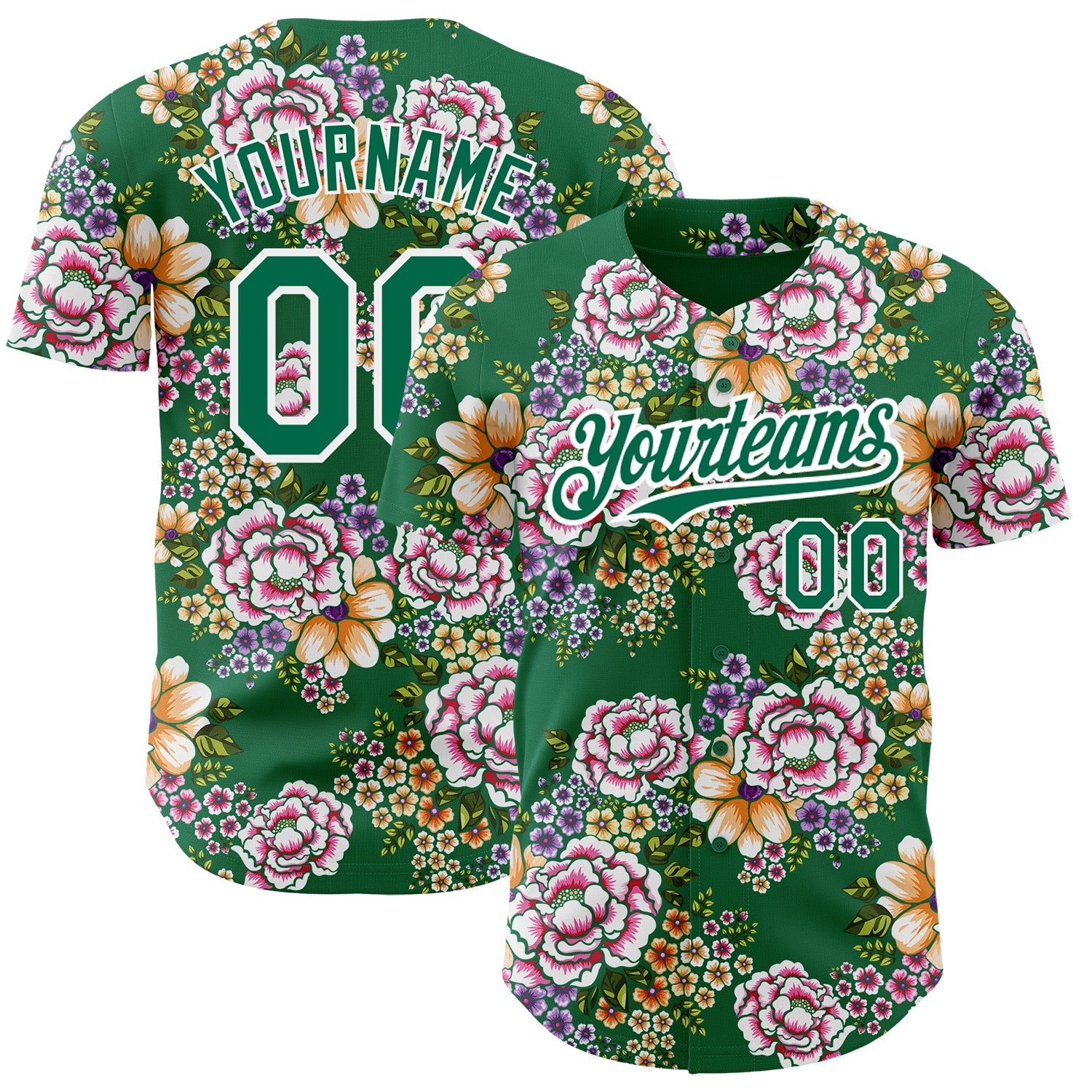 Custom Kelly Green White 3D Pattern Design Northeast China Big Flower Authentic Baseball Jersey - Main View