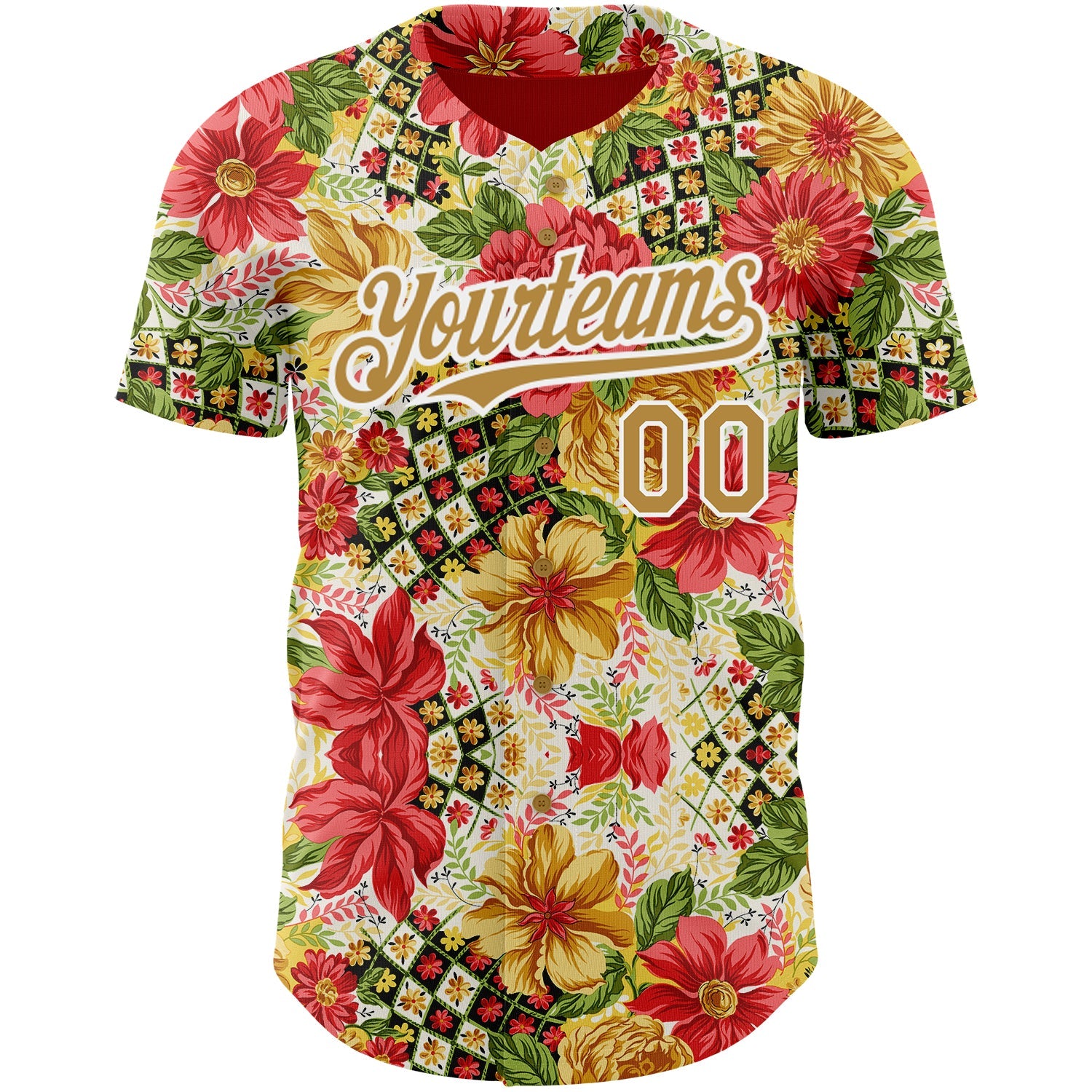 Custom Red Old Gold-White 3D Pattern Design Northeast China Big Flower Authentic Baseball Jersey view 2