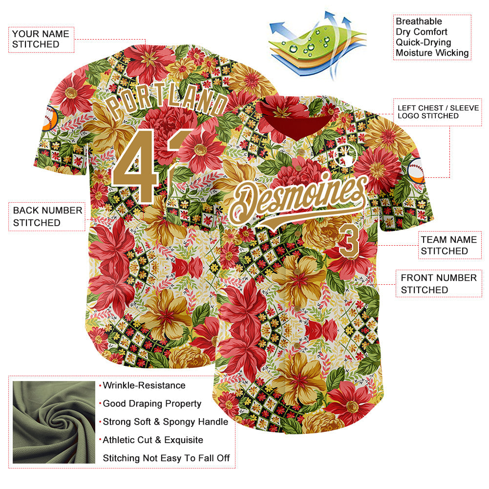 Custom Red Old Gold-White 3D Pattern Design Northeast China Big Flower Authentic Baseball Jersey view 3