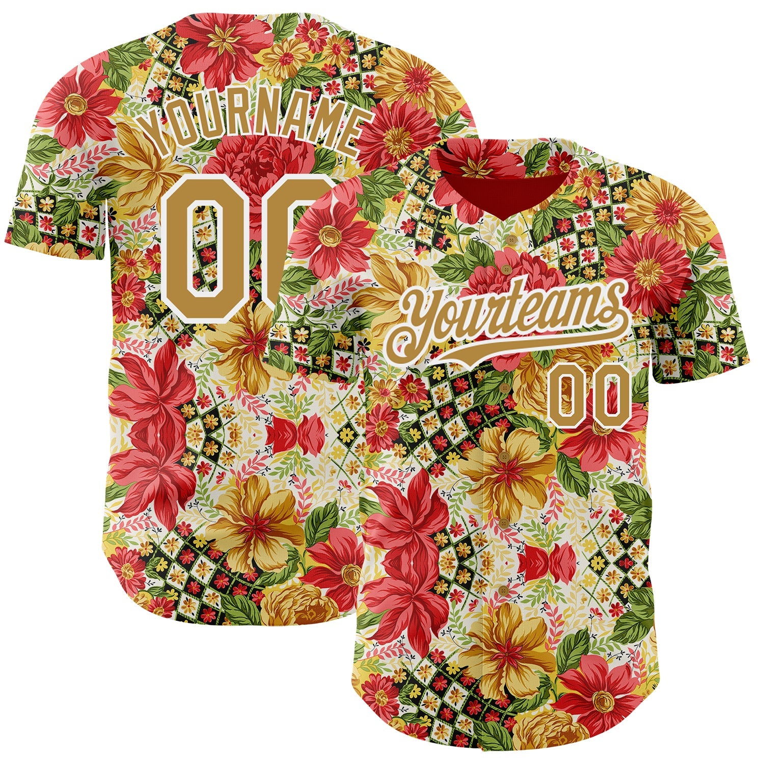 Custom Red Old Gold-White 3D Pattern Design Northeast China Big Flower Authentic Baseball Jersey - Main View
