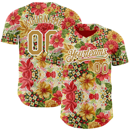 Custom Red Old Gold-White 3D Pattern Design Northeast China Big Flower Authentic Baseball Jersey - Main View